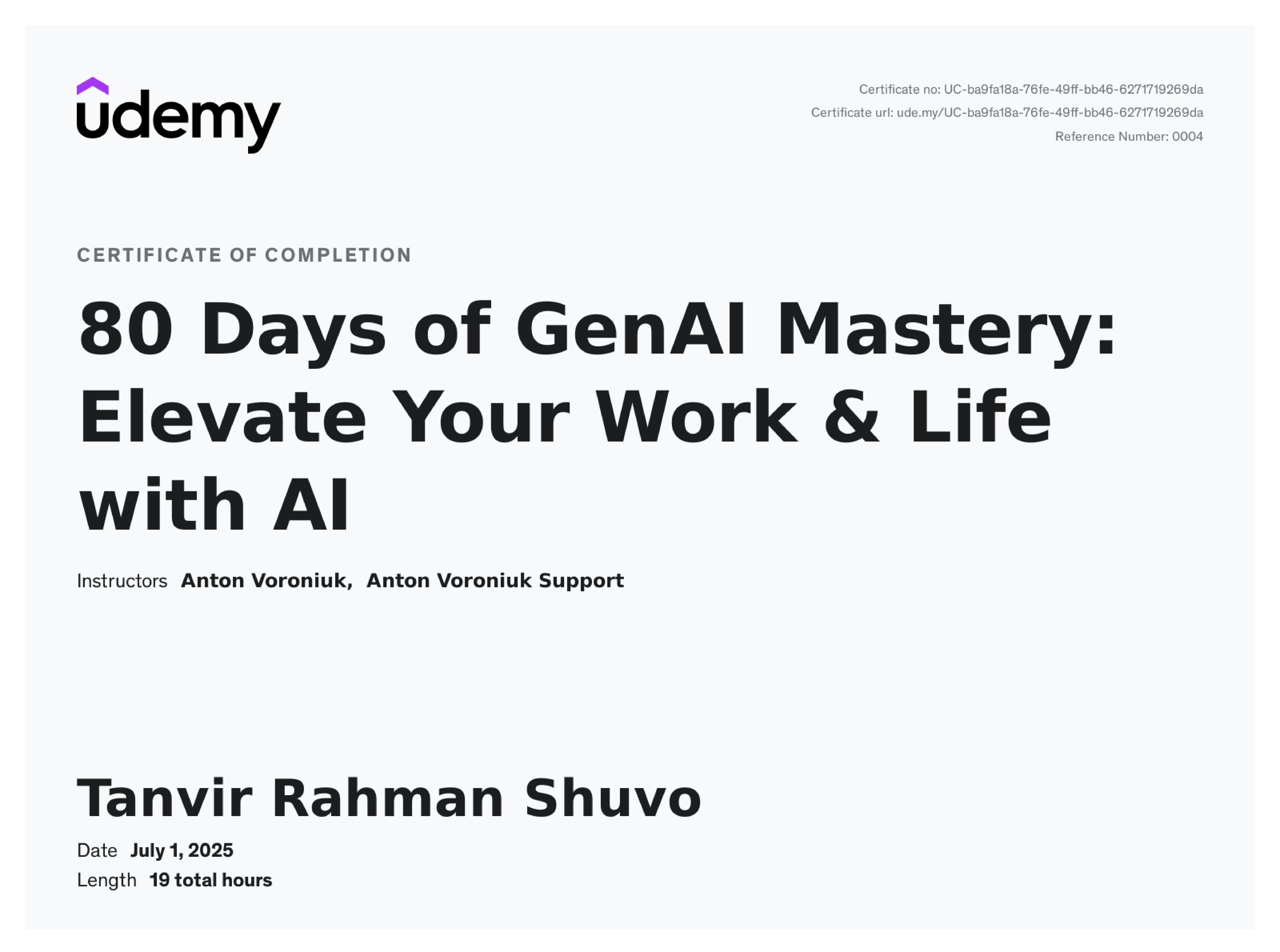 80 Days of GenAI Mastery Certificate